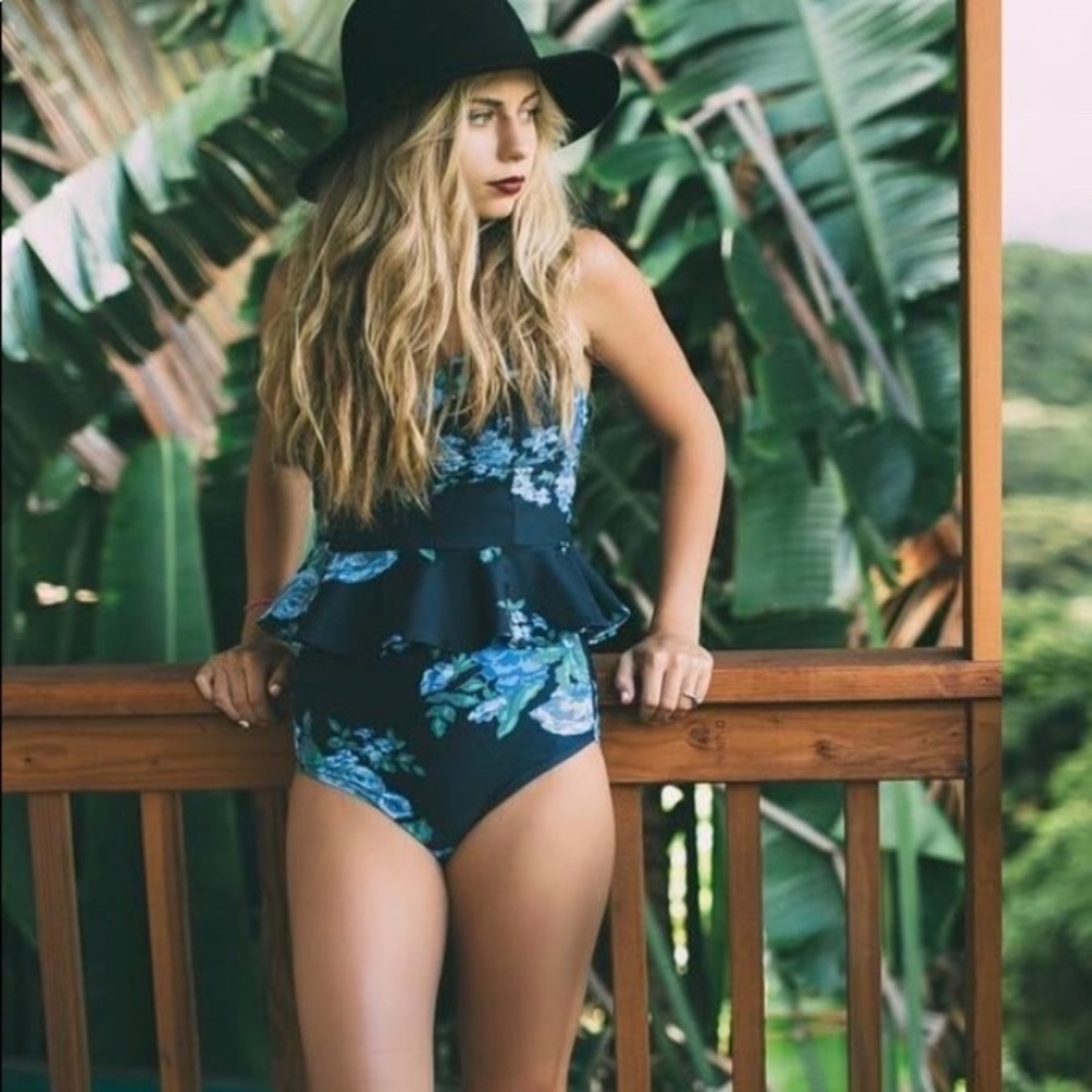 Albion Fit two piece swimsuit. Peplum cupped top and high waisted bottoms.